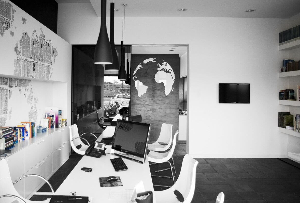 Black and white travel agency office