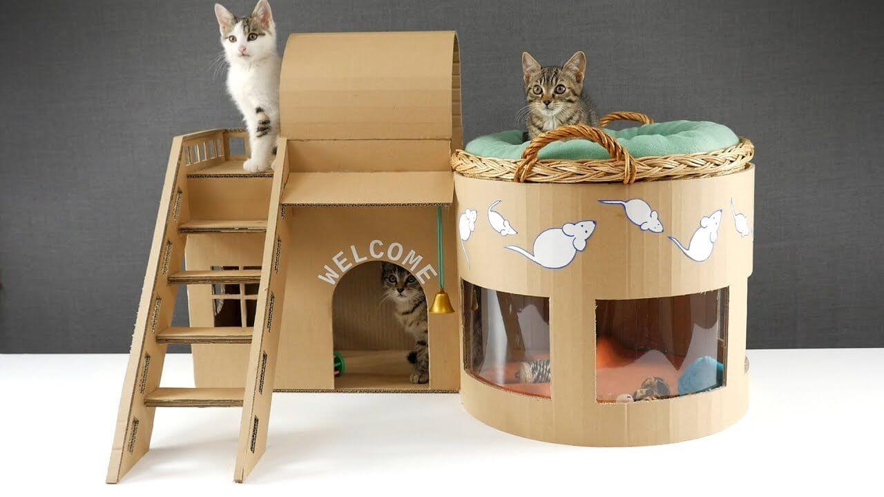 Round-shaped Cardboard Cat House with a Ladder