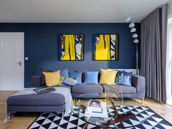 Charcoal Grey and Royal Blue living room wall