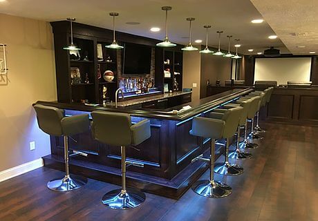 Classic L-shaped Modern Basement Bar Design 17