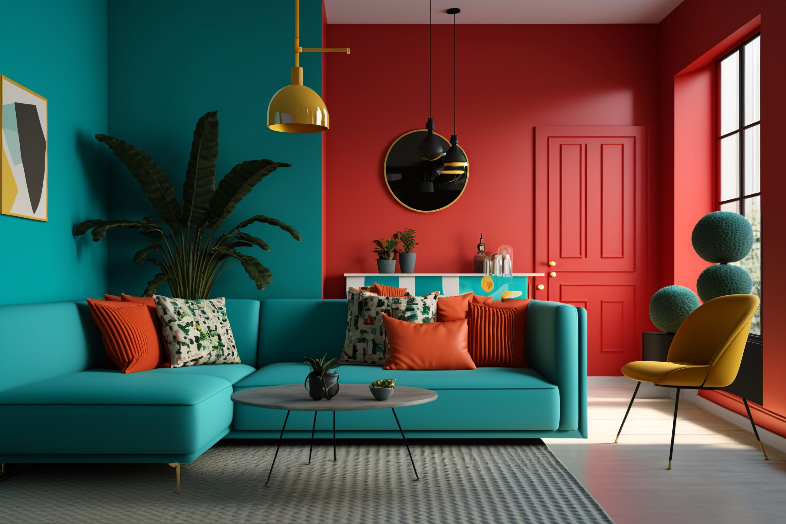 Teal and Red living room