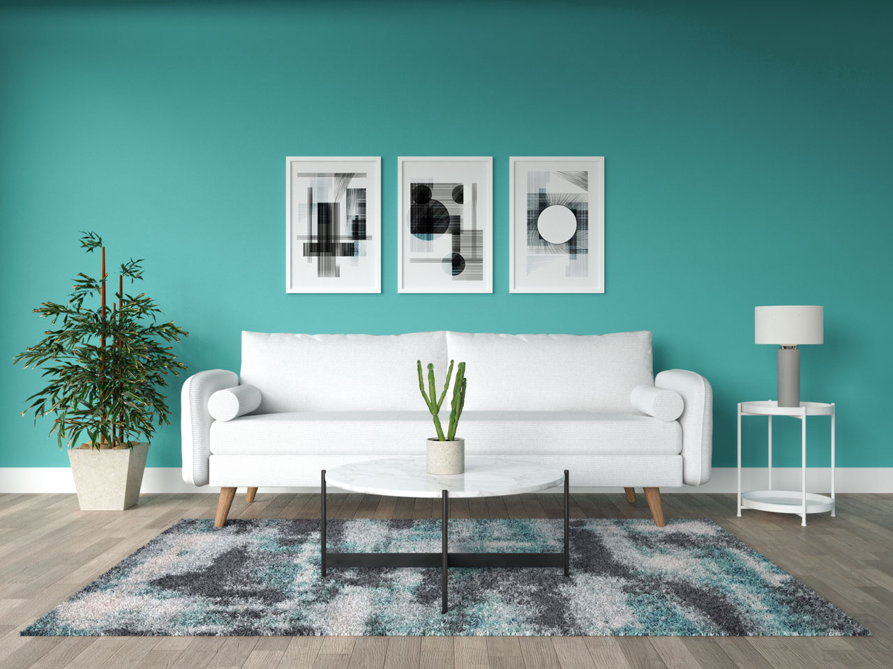 white and teal living room wall