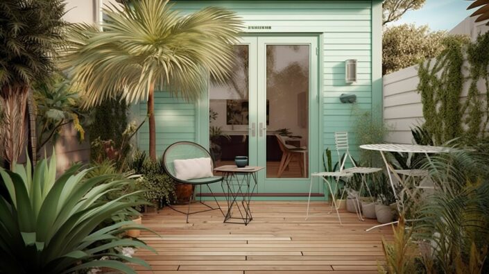 general exterior view back garden patio area with wood decking potted plants dragon palm tree metal table two chairs pale pastel sage green small patio