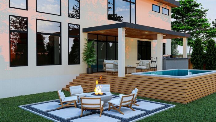 3d design render backyard with bbq area seating area deck fire pit and Hot Tub Patio