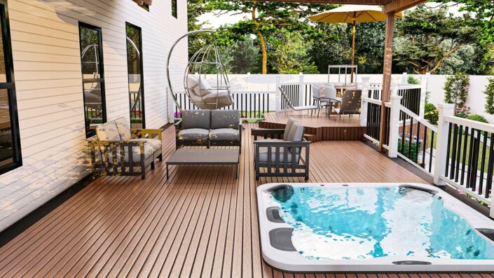 3d rendering beautiful backyard there have two level deck hot tub patio