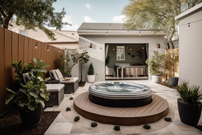 luxurious private patio retreat with soothing spa hot tub lounging area