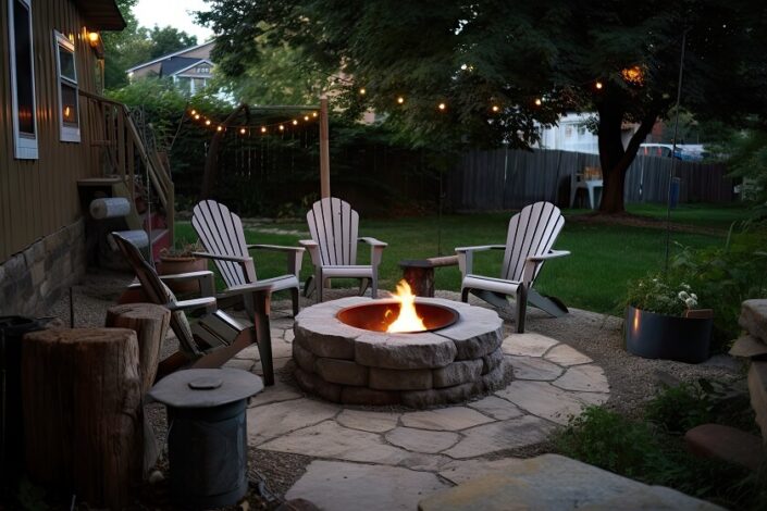 cozy outdoor patio with fire pit roasting marshmallows telling stories