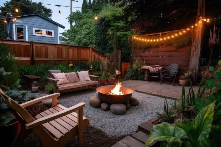 cozy outdoor patio with fire pit seating book rack warm evenings