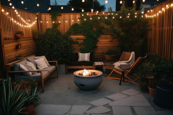 outdoor patio with Fire Pit cozy lounging area potted plants summer evening