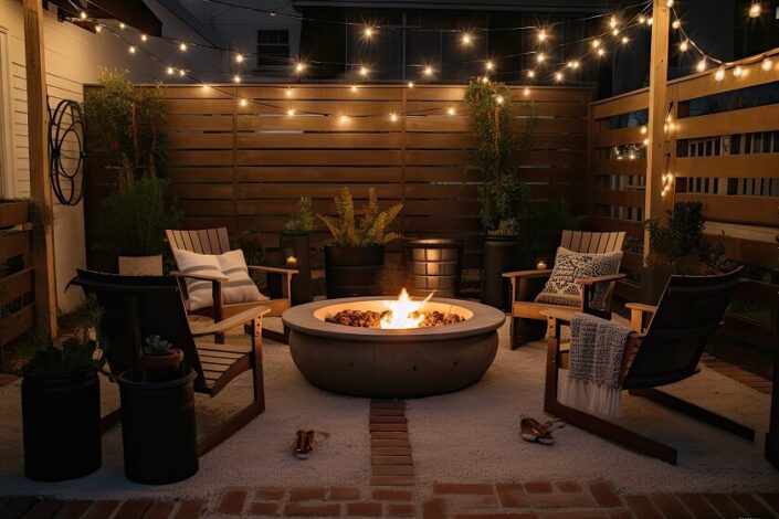 outdoor area with fire pit twinkle lights cozy ambiance created