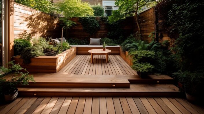 exterior back garden patio with steps area with wood decking