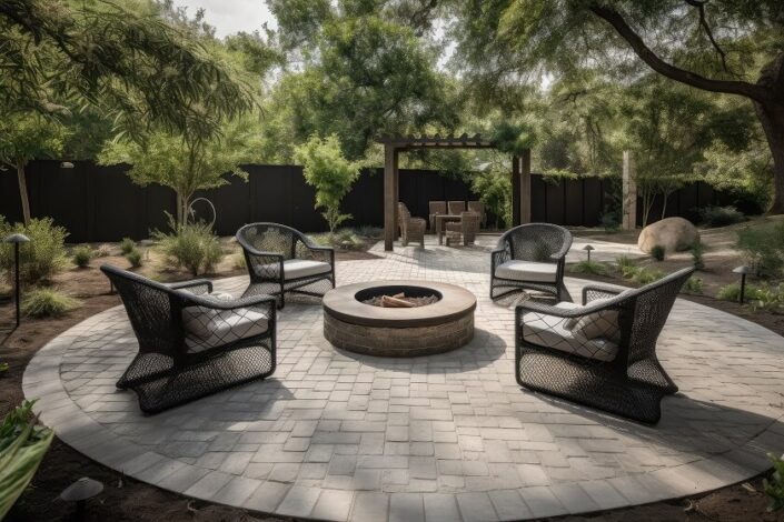 luxury Patio Ideas with Pavers with outdoor dining area lounge chairs fire pit