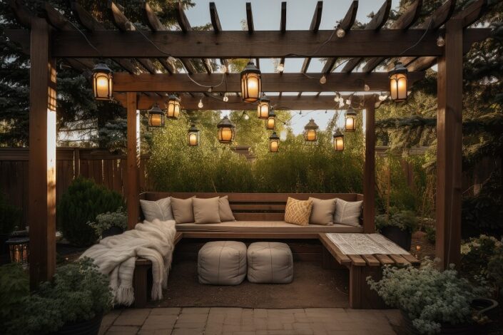 Backyard Patio pergola for Florida with hanging lanterns plush outdoor seating