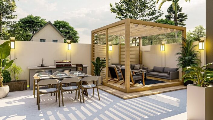 modern Backyard Patio pergola with seating area design Ideas Florida
