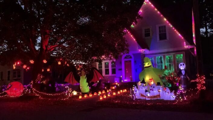 Front Yard Halloween Decoration with prop in front and Spooky Light