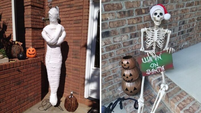 Skeletons and Mummy statue in front of porch