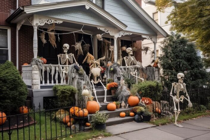 Full of Skeleton in Front porch and yard Outdoor Halloween decor Witch cottage Vibe