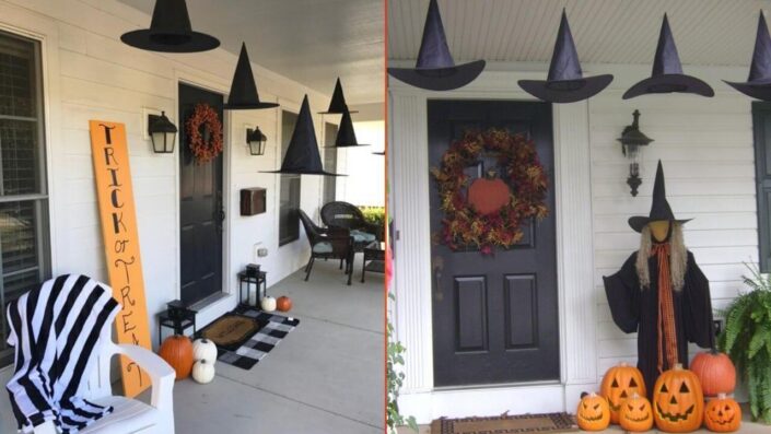 Witch Cottage Front porch design Idea where hats are floating on roof with Witch