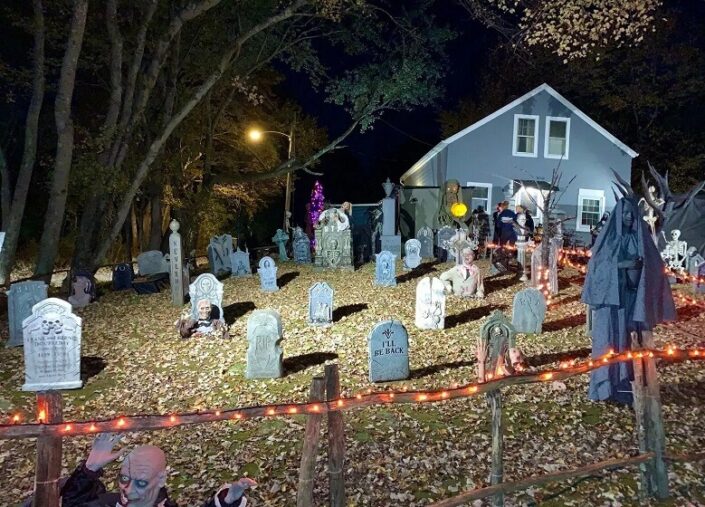 Spooky Back Graveyard with tomb and Do not cross Line with Scary Lighting